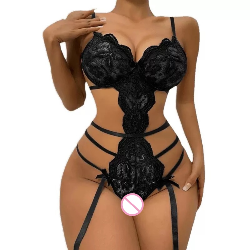 Lace Teddy Lingerie - Сексуальное кружевное боди-комбинезон с открытой промежностью,