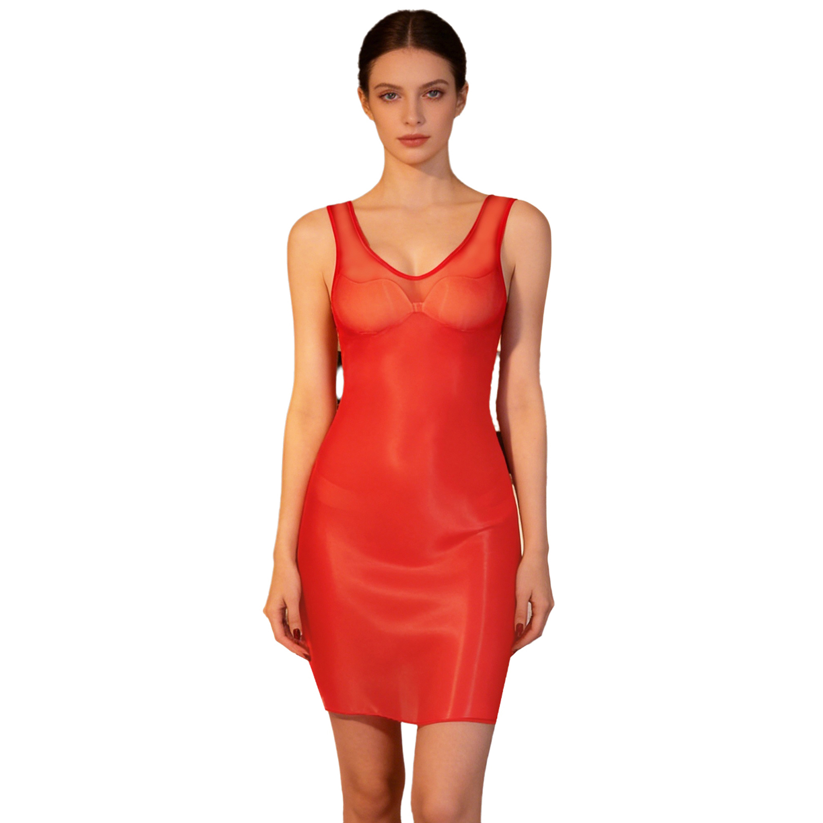 Babydoll Chemise Night - Женское глянцевое прозрачное облегающее платье-боди, мини-платье