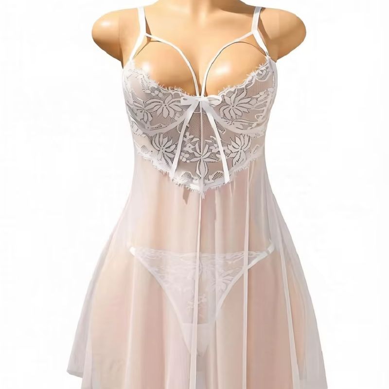 Babydoll Chemise Night - Женское белое кружевное белье-бэбидолл, прозрачная сетчатая