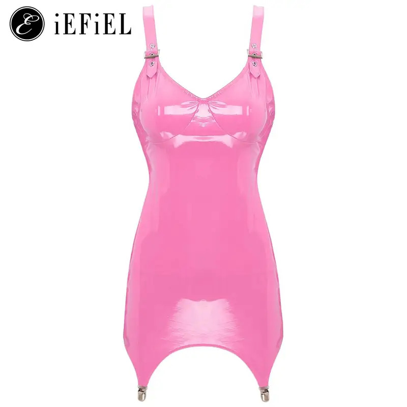 Babydoll Chemise Night - Женское блестящее металлическое мини-платье из ПВХ